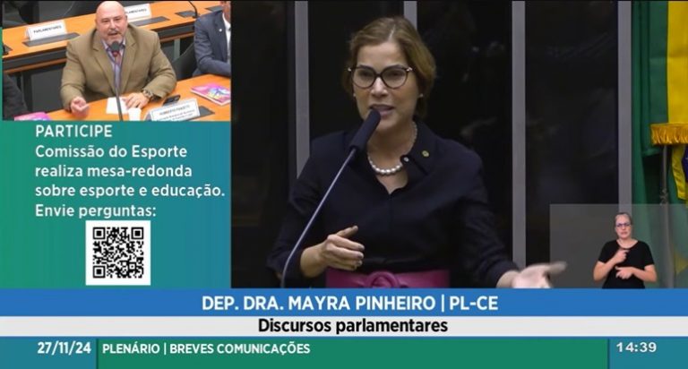 Durante a fase de discursos da sessão do Plenário, tela convida para audiência pública interativa