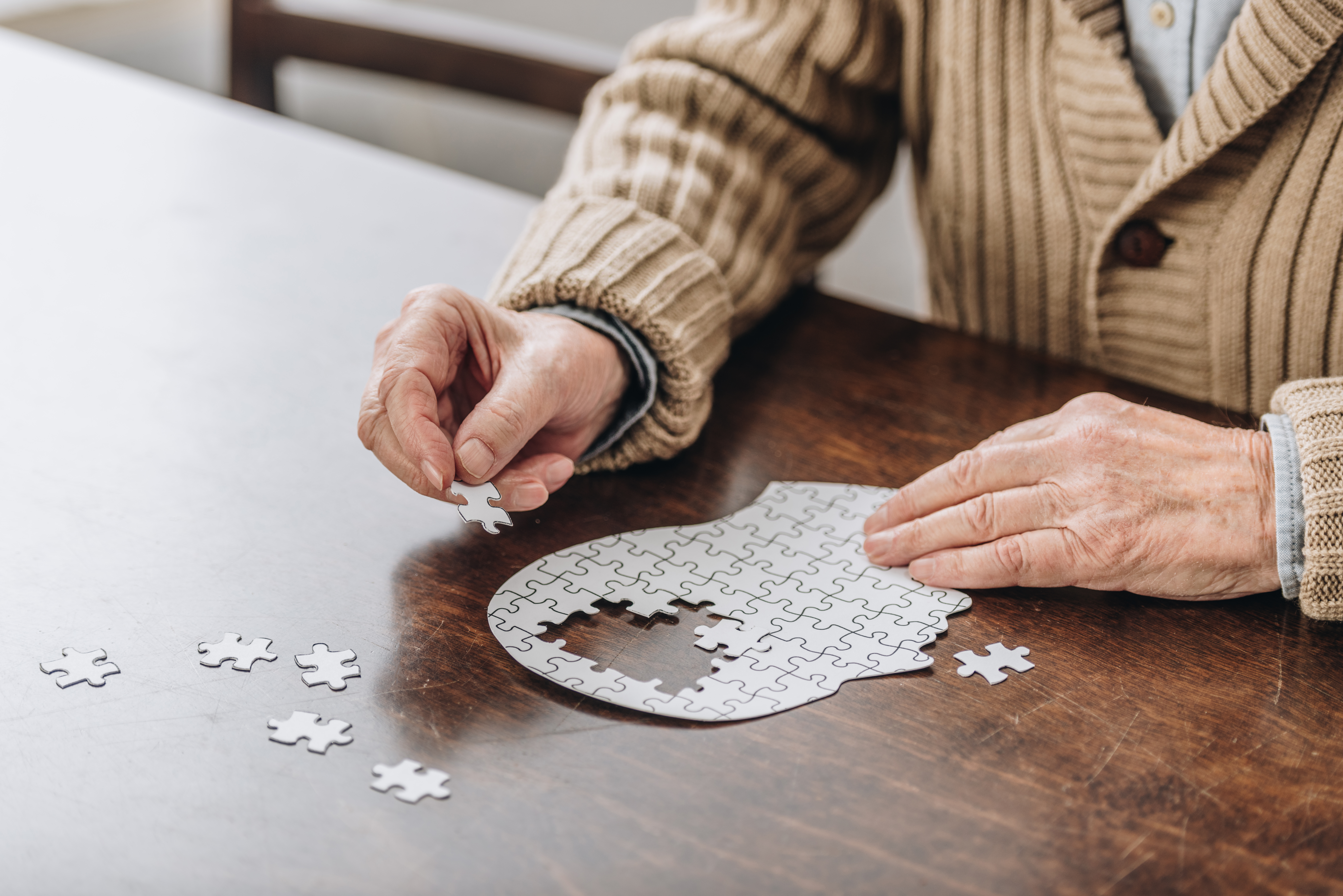Saúde - doenças -alzheimer - idoso - doença mental - saúde mental - Visão cortada do homem sênior jogando com quebra-cabeças Idoso montando quebra-cabeça
