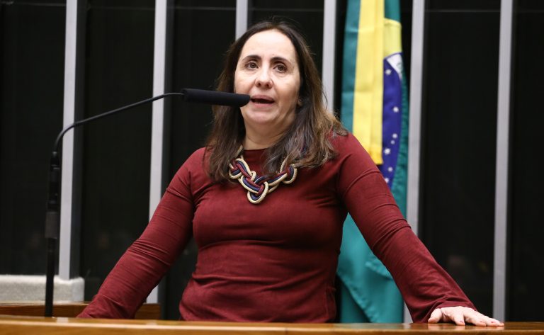 Deputada Adriana Ventura fala ao microfone. Ela é uma mulher clara, com cabelos médios castanhos, usa uma blusa vermelha com um colcaar dourado e vermelho. Ao fundo, à direita, há uma bandeira do Brasil