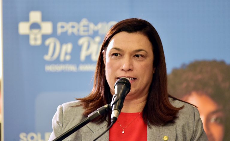 Deputada Maria Rosas fala ao microfone. Ela tem cabelos longos, lisos e escuro e veste um terno cinza e blusa vermelha