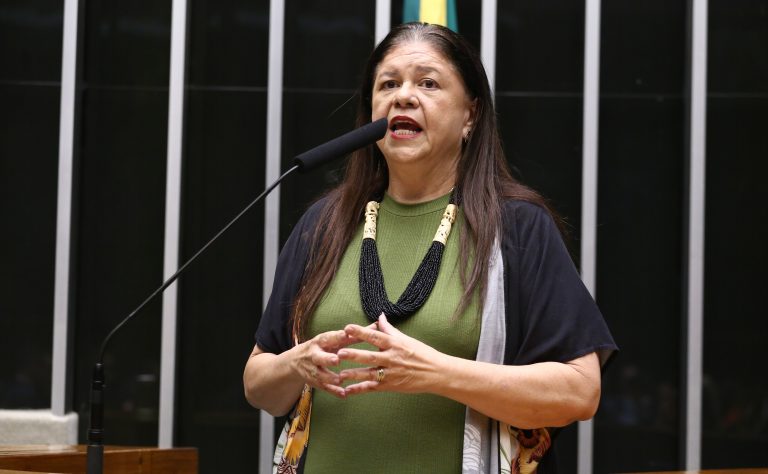 Deputada Laura Carneiro fala ao microfone. Ela é branca, tem o cabelo comprido e escuro, veste uma blusa verde com colar preto