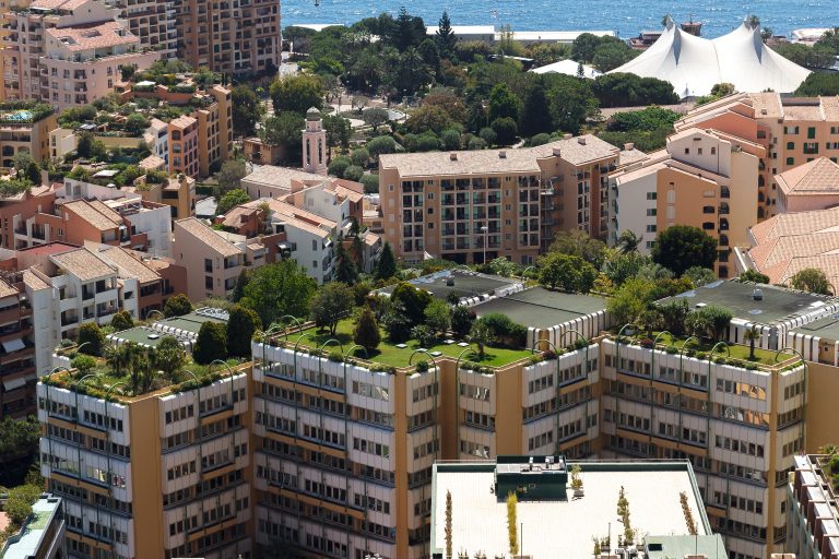 Cidade com prédios com telhados verdes, com vegetação no telhado