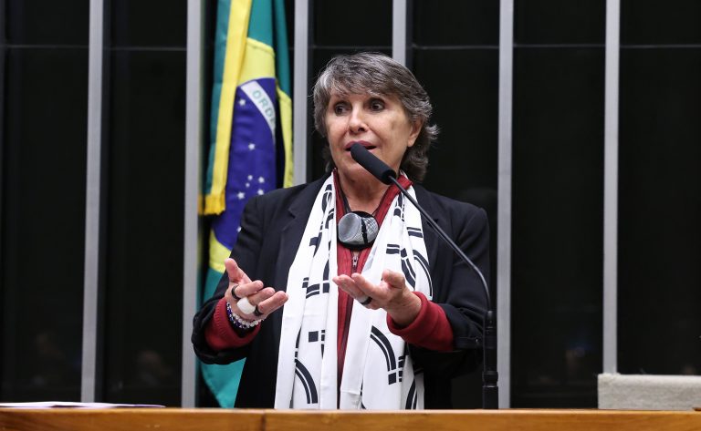 Deputada Erika Kokay a fala ao microfone