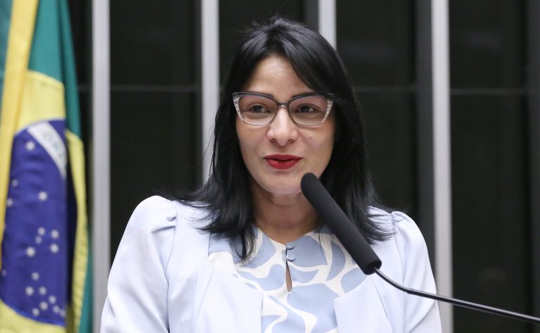 Deputada Juliana Cardoso fala ao microfone. Ela é uma mulher clara, tem cabelos escuros e lisos na altura do ombro. Ela usa óculos e uma blusa clara. Atrás dela, à esquerda há uma bandeira do Brasil