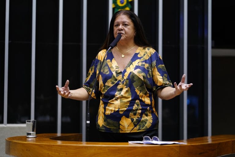 Deputada Laura Carneiro fala ao microfone. Ela é branca, tem o cabelo comprido e escuto e usa uma blusa estampada