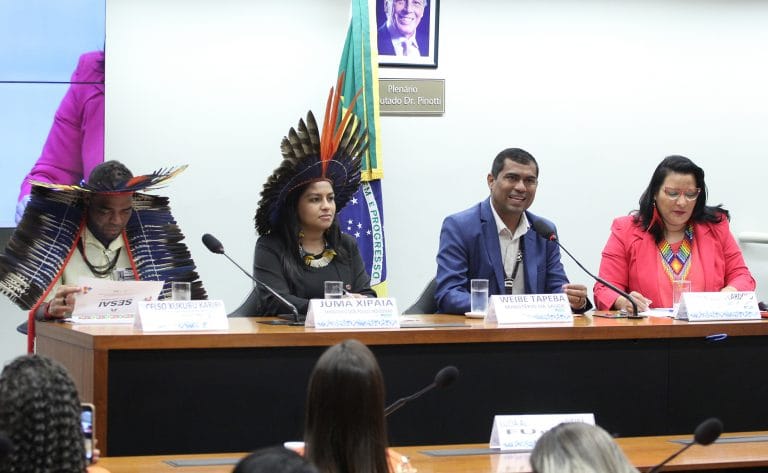 Audiência pública - Regulamentação das profissões de Agente Indígena de Saúde e Agente Indígena de Saneamento no âmbito do Subsistema de Atenção à Saúde Indígena. Coordenador Geral do Fórum de Presidentes dos Conselhos Distritais de Saúde Indígena, Celso Xukuru Kariri (Celso Celestino da Silva); Secretária Nacional de Articulação e Promoção dos Direitos Indígenas - Ministério dos Povos Indígenas, Juma Xipaia; Secretário de Saúde Indígena - Ministério da Saúde, Weibe Tapeba; Dep. Juliana Cardoso(PT - SP)