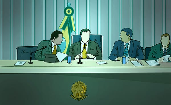 Ilustração de capa para infográfico - arte sobre as atribuições da Mesa Diretora da Câmara dos Deputados (versão antiga - só homens)