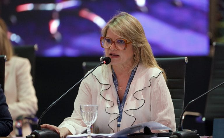 Deputada Flávia Morais fala ao microfone. Ela é loira, tem o cabelo comprido, usa uma camisa branca e óculos