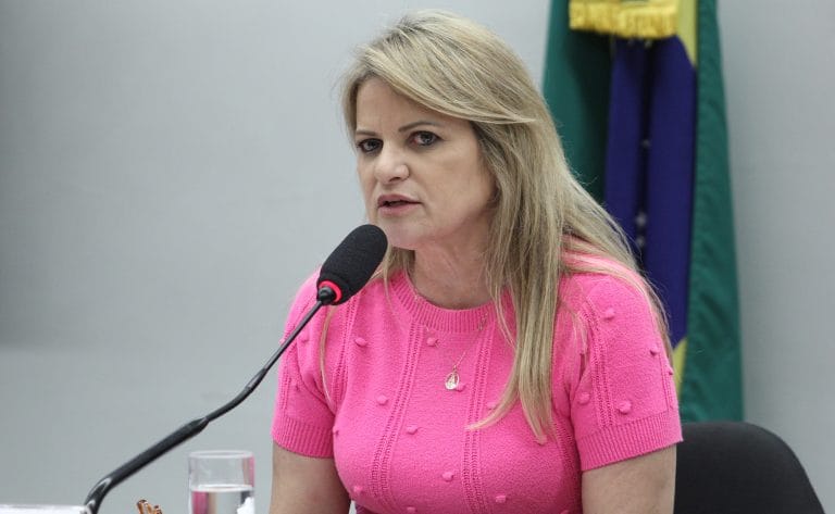 Deputada Flávia Morais fala ao microfone. Ela é loira, tem o cabelo comprido, usa uma blusa rosa