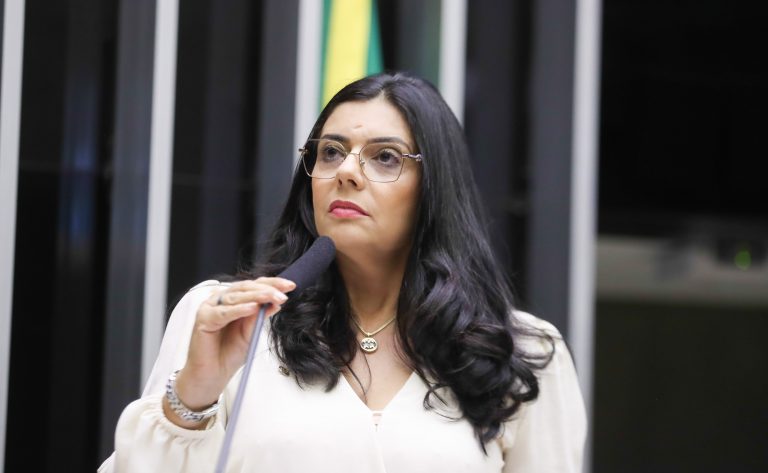 Deputada Delegada Ione está sentada à mesa