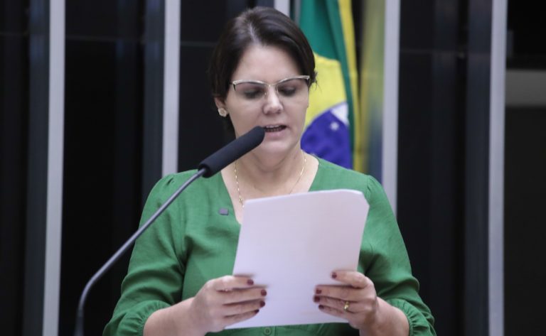 Deputada Coronel Fernanda fala ao microfone